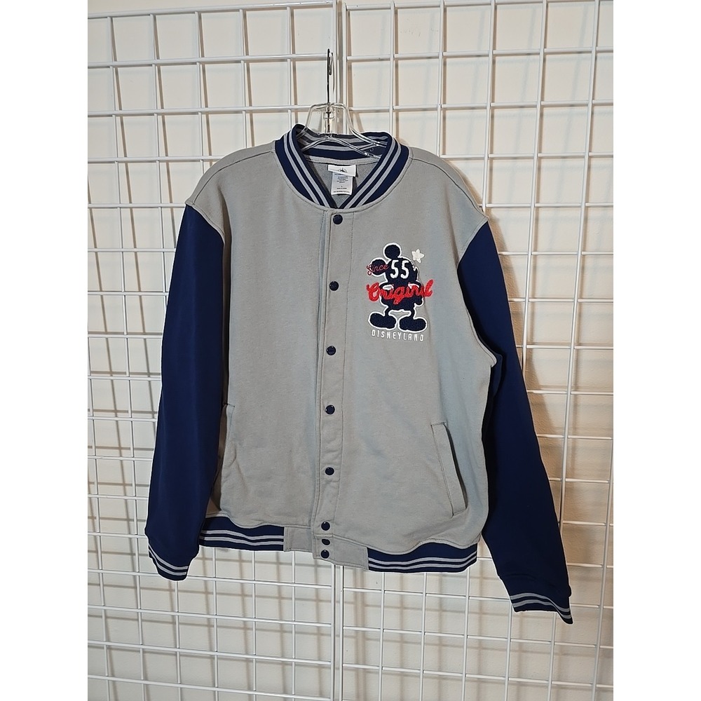 Original Disneyland Varsity Jacket Men Size L Gray Blue Pockets Snap Closure